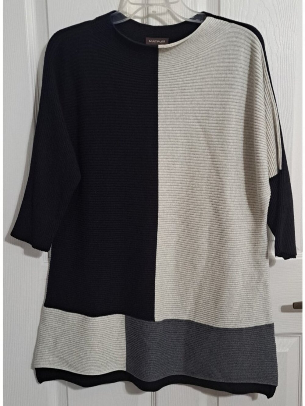 Multiples Women's PL Colorblock 3/4 Sleeve Funnel Neck Cotton Pullover Sweater